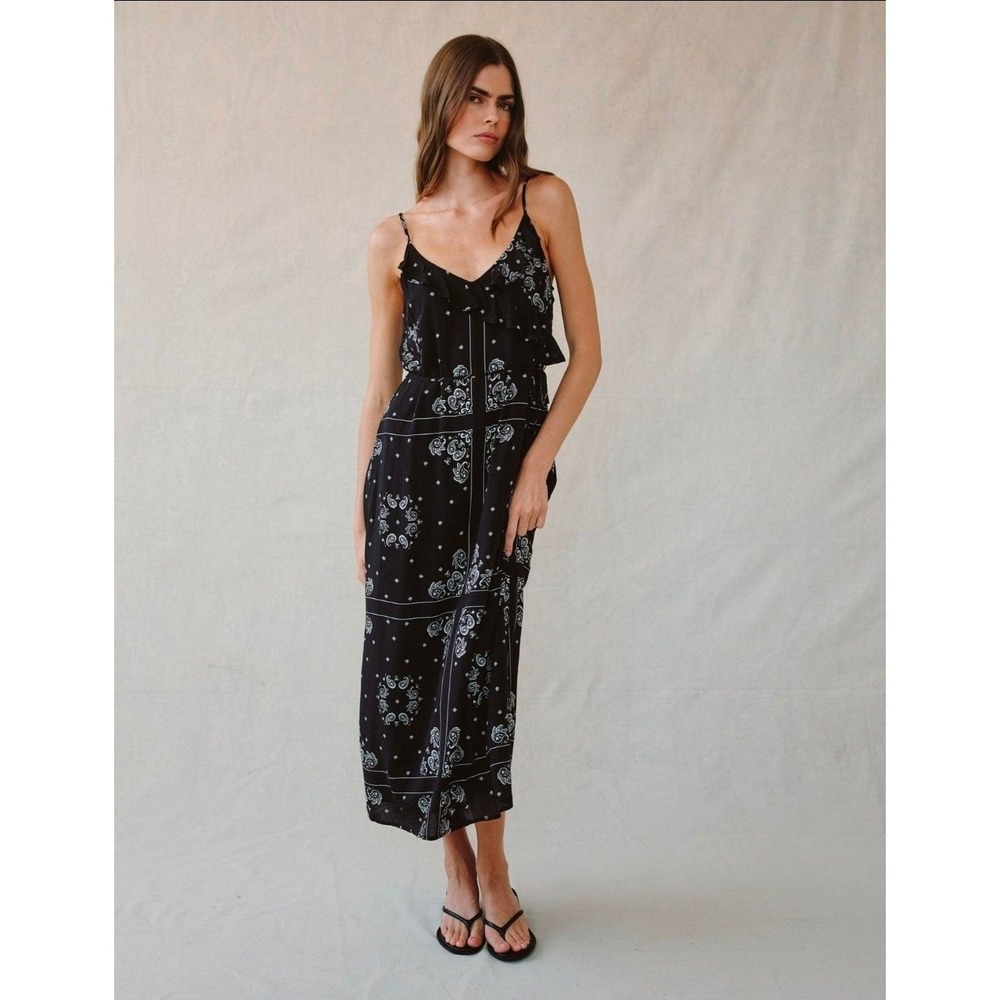 Bella Dahl Ruffle Cami Midi Dress Womens M Black Bandana Print Sleeveless Boho